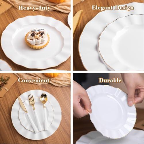 HIGH END 100 Pcs White Wave Plastic Plates with Gold Trim
