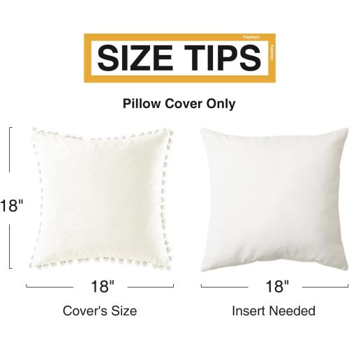 Topfinel Decorative Throw Pillow Covers 18x18 Set of 2, Cream White Couch Square Pillow Covers for Sofa Bed, Soft Velvet Cushion Covers with Pom Poms for Livingroom Bedroom Modern Home Decor