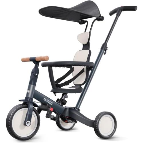 newyoo Tricycle for Toddlers 1-3, Toddler Tricycle with Push Handle and Canopy, Toddler Bike, Birthday Gift and Toys for Girl and Boy, 6 in 1 Baby Trike, Balance Bike, TR009, Dark Grey