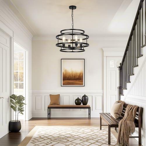 4-Light Black Chandelier for Dining Room, 19.7 Modern Farmhouse Pendant Light with Geometric Metal Frame, Industrial Flush Mount Ceiling Light for Living Room, Bedroom, Kitchen Island, Hallway, Foyer
