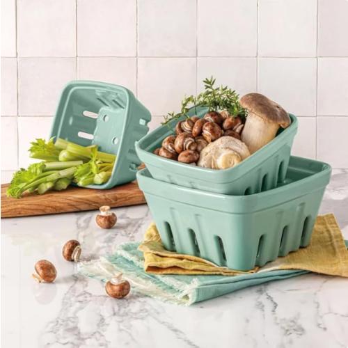 Over&Back 3-Piece Multipurpose Berry Baskets (Green) - Stackable Stoneware Fruit Bowls with Integrated Colander Strainer Holes - Farmhouse Kitchen Decor, Reusable Produce Saver