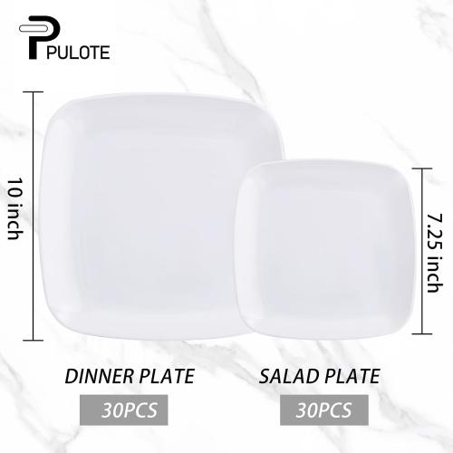 PULOTE 60PCS White Square Plastic Plates Disposable - Heavy Duty Party Plates Include 30 Dinner Plates,30 Dessert Plates for Parties&Weddings