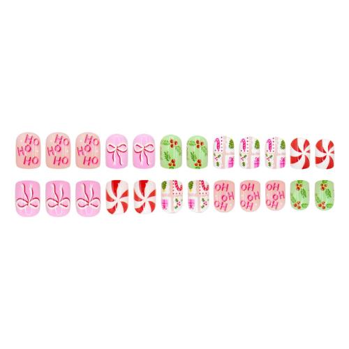 Christmas Press on Nails Candy Fake Nails Pink False Nail with Bow Design Holly Glue on Nails Glossy Full Cover Artificial Acrylic Short Oval Stick on Nail for Women Girls Xmas Manicure 24 Pcs