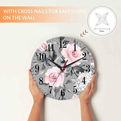 Mxocom Pink Flowers and Leaves Wall Clock Artistic Watercolor Rose Flower Grey Spring 10 Inch Silent Non Ticking Battery Operated Clock Vintage Round Clock for Living Room Bedroom Bathroom Decor