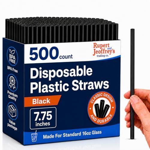 Disposable Plastic Drinking Straws, Straight 7.75-Inch, Black, 500 Count