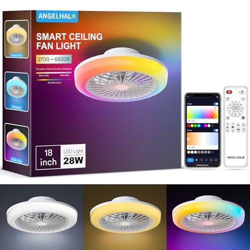 ANGELHALO Ceiling Fans with Lights and Remote, 18'' Modern Flush Mount Fandelier with RGB Lights, Smart Dimmable LED Light, Ultra Quiet 6-Speed Motor, Low Profile Design for Bedrooms & Living Rooms