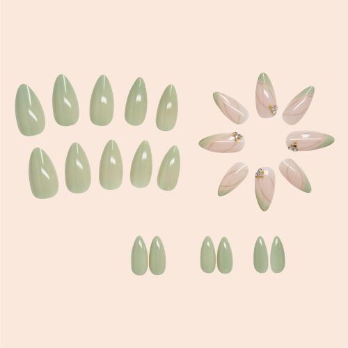 Almond Press on Nails Medium - Green Fake Nails with Gold Line Design - Full Cover Stick on False Nails for Women 24 Pcs