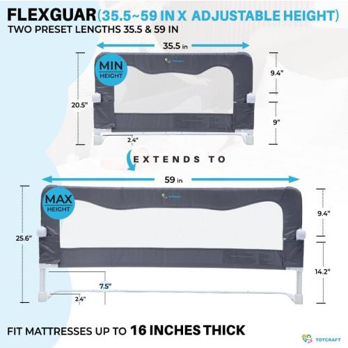 TotCraft Flexguard Adjustable Length & Height Bed Rail for Toddlers – Fits Twin, Full, Queen & King Beds – 35.5″ or 59″ Two Fixed Lengths – 14 Height Levels – ASTM Certified Bed Rail for Baby (Grey)