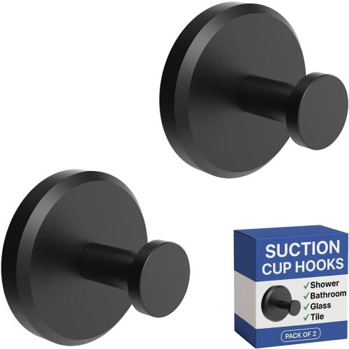 HOME SO Suction Cup Hooks for Shower, Bathroom, Kitchen, Glass Door, Mirror, Tile – Loofah, Towel, Coat, Bath Robe Hook Holder for Hanging up to 15 lbs – Waterproof & Rustproof, Matte Black (2-Pack)