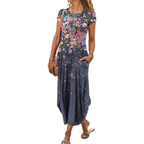 Size Small Ahaij Floral Blue Women Summer Casual Maxi Dress Floral Printed Loose Pockets Short Sleeve Split Boho Dresses