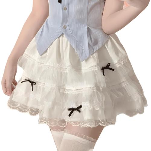 Harajuku Lolita Kawaii Casual Style Elastic Waist Cute Black Bows with Lace Hem Trim White Pleated Tiered Skirt size small