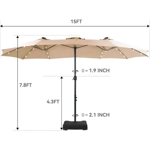GREEN PARTY 15 ft Rectangle Patio Umbrella with Solar Lights and Base Included, Double-Sided Market Table Umbrella with Crank, Large Outdoor Umbrellas for Patio Poolside Garden Backyard, Beige