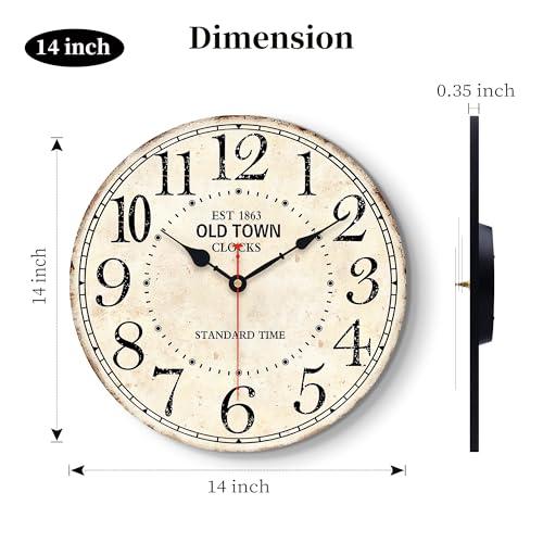 14in Antique Vintage Round Wall Clock Silent Old Town Farmhouse Home Decor