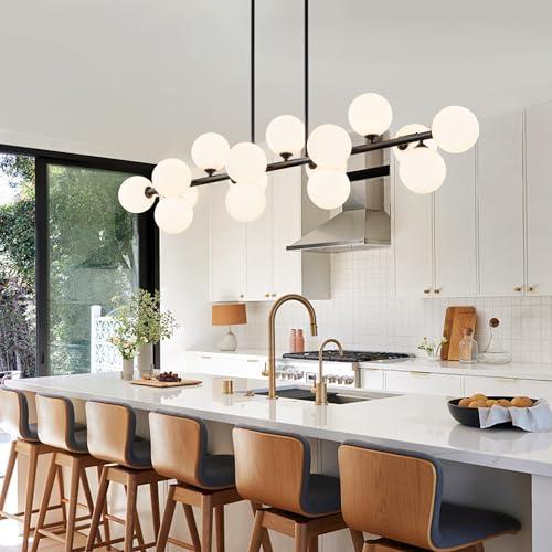 Black 55 x 11.8 x 82.6 Linear Chandeliers for Dining Room, 55in Large Modern Globe Chandelier 16-Light Large Pendant Lights Kitchen Island Lighting with Milk White Glass Sputnik Chandelier Bubble Sputnik Light Fixture