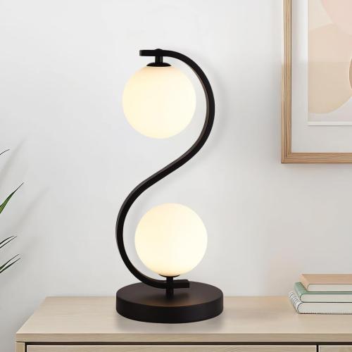 Modern Black S-Shaped Table Lamp 2-Lights Globe Glass Desk Lamp Plug in Metal 3 Color Temperatures Bedside Light Fixtures for Bedroom Living Room Office Study Corner