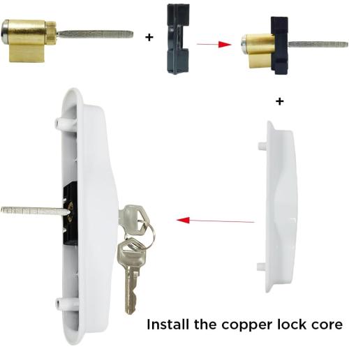 Sliding Patio Door Handle with Mortise Lock and keys, Key Cylinder and Keeper, 4-15/16 Hole Spacing, Reversible Design(Non-Handed), 4 15/16 Glass Door Replacement Handle Lock, Need to Drill (White)