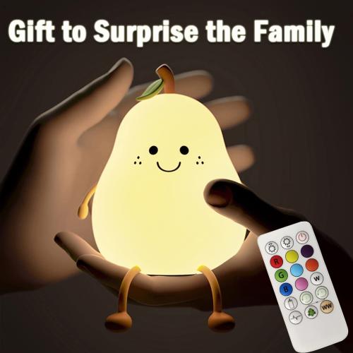 Cute Pear Night Light for Kids, Silicone Fruit Pear Cute Lamp with Remote, Adjustable Brightness NightLight for Bedroom, Rechargeable Soft NightLight for Home Decoration,Valentines Day Gifts for Her