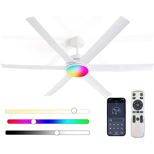 Size 60 Color White Modern Outdoor Ceiling Fans with Dimmable LED Light for up to 400sq. ft. Area, Works for Sloped Ceiling, RGB Lighting Mode Remote & App Control Damp-Rated 5 Years Motor Warranty, 60 Inch, White