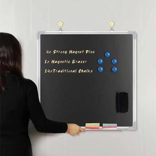 Chalkboard Set - 24 x 24 in Black Board with 1 Magnetic Chalk Eraser, 14 Chalk Sticks (7 Colors) and 4 Magnets - Large Message Wall Hanging Blackboard with Sturdy Frame for Home Office and Kitchen