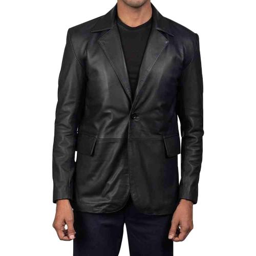 Luis Lambskin, Large, Leather 2 Buttons Blazer for Bikers and Parties Lunar Black Blazer for Men's