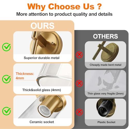 MOKATNG Hardwired Wall Sconces, Brushed Gold Bathroom Sconces with Clear Glass, Modern Wall Light Fixtures for Bathroom Mirror Vanity, Living Room, Bedroom, Hallway, Stairway, Cabinet, Foyer