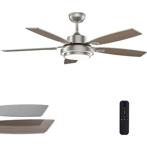 52 Inch Nickel Ceiling Fans with Lights and Remote Control for Bedroom, Modern Ceiling Fan with Quiet Reversible DC Motor, 3CCT, Dimmable, LED for Living Room, Patio, Indoor and Outdoor (no test)
