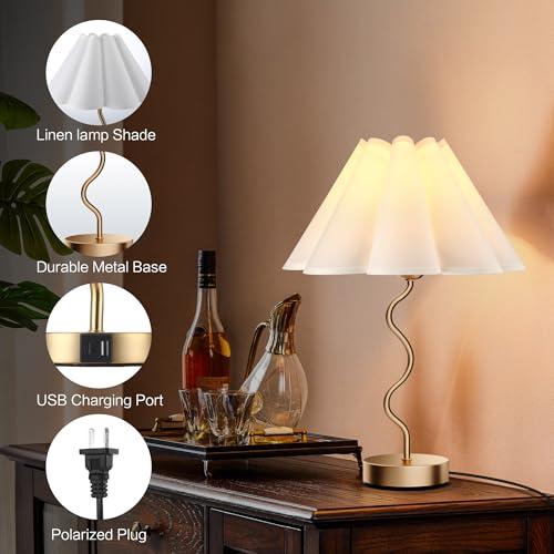 Small Table Lamp Pleated Table Lamp 3 Way Dimmable Touch Lamps for Night Stands with USB C A Ports Bedside Nightstand Lamp Morden Desk Lamp for Bedroom Home Kitchen Living Room Kids Room Nursery