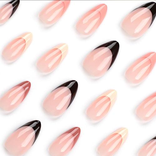 Almond Shaped Press on Nails Short Medium French Tips Black Fake Nails with Simple Design Gel Glue on Nails for Women Girls Acrylic False Stick on Nail Manicure Decorations for Wedding 24Pcs
