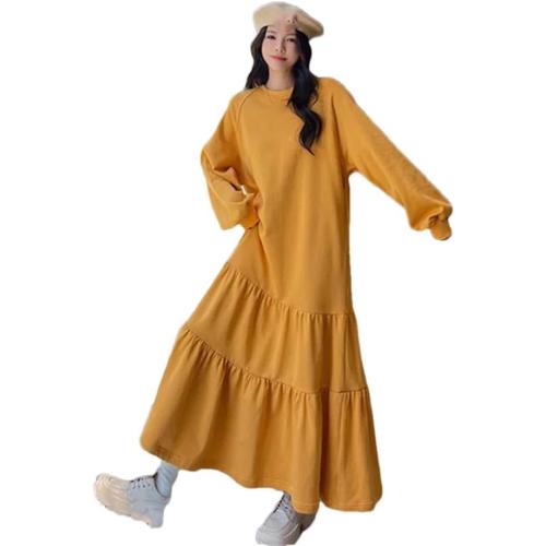 Women's 3XL Spring and Autumn Dresses Loose Cotton Solid Color Round Neck Long Sleeve Dresses