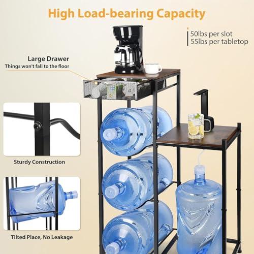 CAROD 5 Gallon Water Jug Holder, Water Storage Rack Water Dispenser Stand With Wood Tabletop Shelf, 5 Gal Water Bottle Holder Water Cooler Jug Rack with 2 Wood Storage Shelves