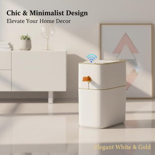 MOPALL Touchless Bathroom Trash Can with Lid, 3 Gallon / 12L Slim Motion Sensor Garbage Bin, Automatic Waste Basket for Bedroom, Office & Narrow Spaces, White & Gold