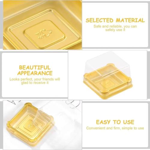 EchoDone 50 Set Clear Plastic Mini Cupcake Boxes Muffin Square Mooncake Box Single Container Wedding Birthday Gift Box (Gold)