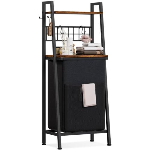 Furnulem Laundry Hamper, Vertical Laundry Basket with 2 Tiers Wooden Shelf and Hooks, Clothes Hamper with Pull-Out and Removable Bag for Bathroom, Bedroom, Dorm, 13.21 Gallons (50L)