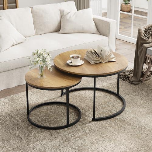 Smuxee Nesting Coffee Table Set of 2, 27.6 Round Coffee Table Wood Grain Top with Adjustable Non-Slip Feet, Industrial End Table Side Tables for Living Room Bedroom Balcony Yard