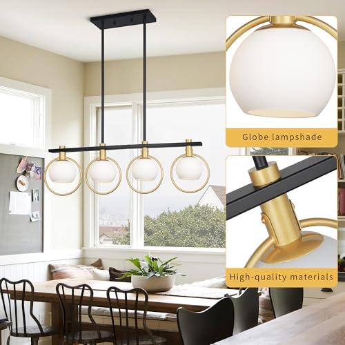 Color Gold Black Chandelier Modern Dining Room Light Fixture 4-Light Kitchen Island Lighting Hanging for Farmhouse Linear Chandeliers Mid Century Chandelier with Milk Glass Globe Shade