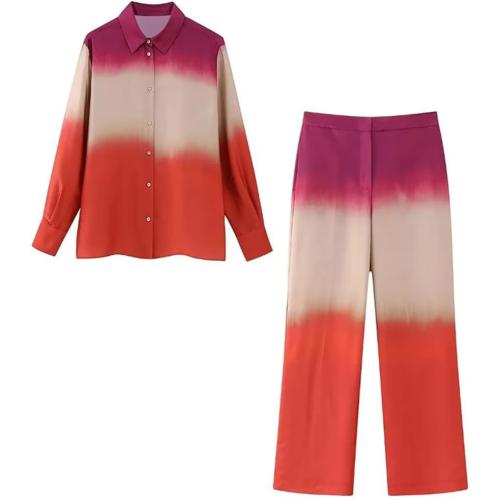 SOZE L...Fulbant Women Tie Dye Pants Set Shirts Long Sleeve Casual Sets Straight Trousers Single Breasted Tops Loose Outfits