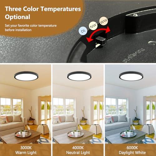 20 Inch Large LED Flush Mount Ceiling Light, 40W,4350LM, 3000K/4000K/6000K CCT Selectable, 0.98inch Super Slim Low Profile Round Flat Panel Light for Bedroom,Kitchen,Hallway(Black)