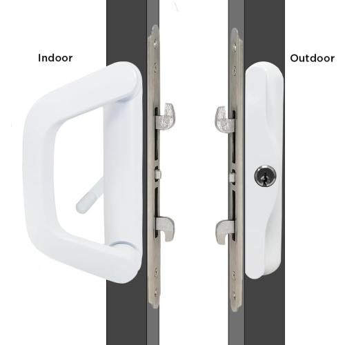 Sliding Patio Door Handle with Mortise Lock and keys, Key Cylinder and Keeper, 4-15/16 Hole Spacing, Reversible Design(Non-Handed), 4 15/16 Glass Door Replacement Handle Lock, Need to Drill (White)