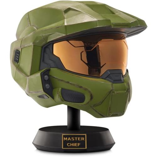 Master Chief Deluxe Helmet with Stand- Helmet with LED Lights on Each Side - Battle Damaged Paint - No SFX - One-Size-Fits-Most