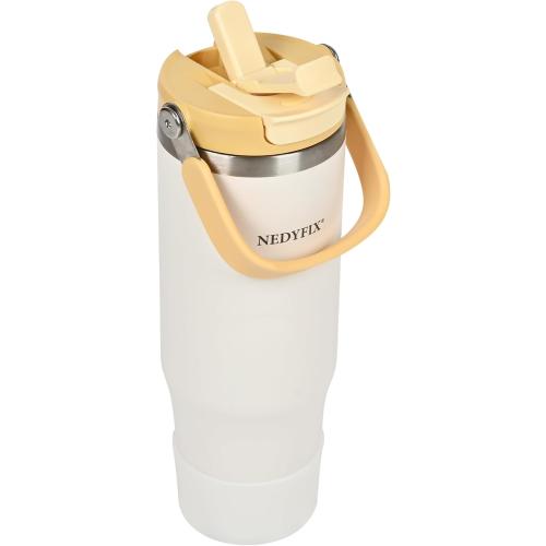 32 Oz Tumbler with Handle Vacuum Insulated Water Bottle Stainless Steel Tumbler Car Reusable Cup Cold for 12 Hours-Beige White