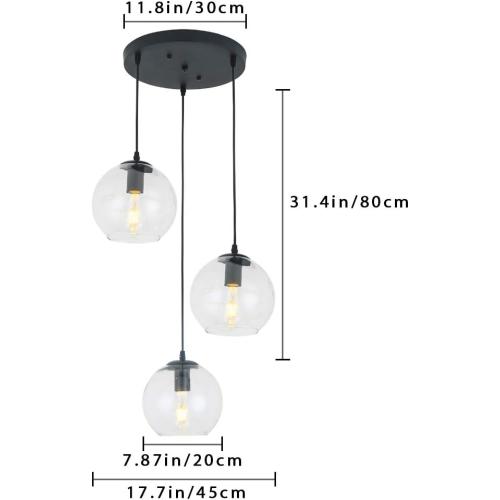 Globe Pendant Light, Modern Hanging Lighting Fixture, Classic Cluster Chandelier with Clear Glass Shades(Black, 3 Lights, 11.8 Inch)