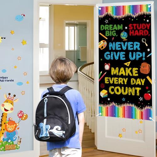 71 x 35 Inches Welcome First Day of School Motivational Door Cover Banner for Doorway Wall, Large Dream Big Never Give Up Make Every Day Count Poster Sign, Back to School Decor for Teachers Students