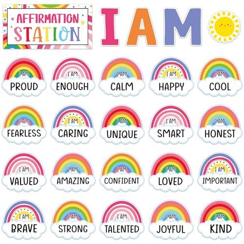 Frienda Rainbow Affirmation Station Bulletin Board Set Motivational Posters Classroom Mirror Growth Mindset Decor Positive Affirmations Accents Cutouts for School Office Home Teacher Wall Supply