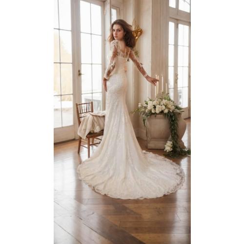 Size M Romantic Bridal Gown Detachable Train Mermaid V Neck Long Sleeve Wedding Dresses with Appliques 2024