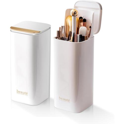 Upgrade Makeup Brush Holder Organizer with Lid, Automatic Lifting Dustproof Makeup Brushes Organizer with 4 Compartments for Vanity，Cosmetic Storage for Dresser Countertop and Bathroom (White Gold)