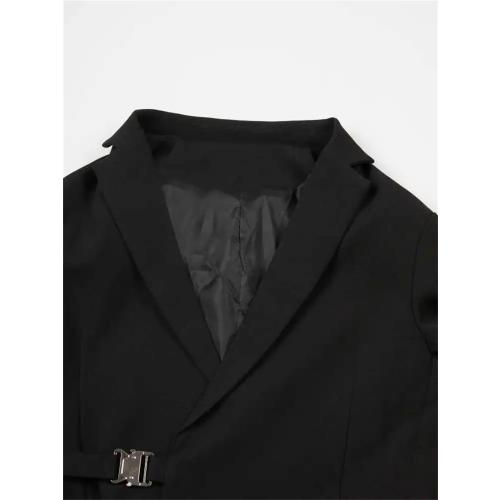 Large Women Black Blazer Metal Buckle Casual Irregular Lapel Long Sleeve Jacket Loose Coat