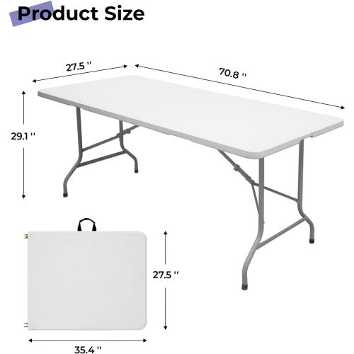 Folding Table 6ft Portable Heavy Duty Plastic Fold-in-Half Utility Foldable Table Plastic Dining Indoor Outdoor for Camping, Picnic and Party, White