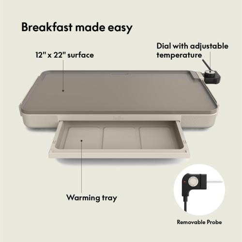 bella 12 x 22 Electric Griddle with Warming Tray, EverGood™ Ceramic Nonstick Coating & Removable Temperature Probe, Dishwasher-Safe Drip Tray & Cool Touch Handles, 1500 Watt, Oatmilk MAY HAVE MISSING ACCESSORIES