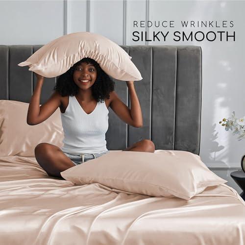 MR&HM Satin Bed Sheets, Full Size Sheets Set, 6 Pcs Silky Bedding Set with 15 Inches Deep Pocket for Mattress (Full, Champagne)