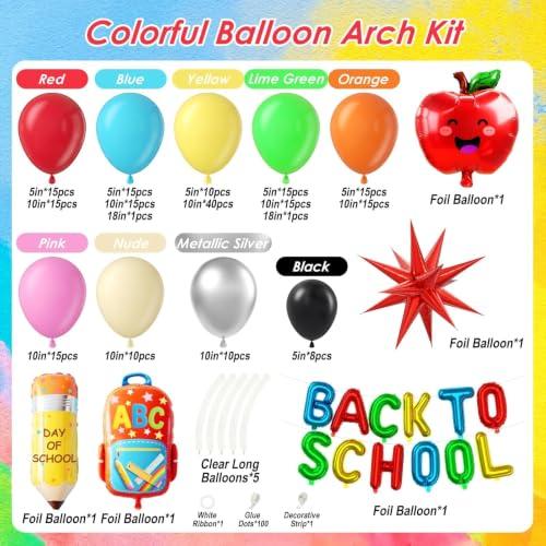 230pcs Back to School Balloon Arch Kit, Colorful Red Blue Yellow Lime Green Orange Foil Yellow Pink Nude Silver Black Pencil Balloons for First Day of School Party Decorations